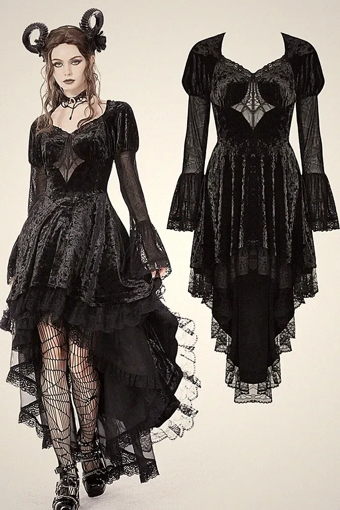 Dark In Love Women Black Gothic Punk Spider Queen High-Low Velvet Party Dress