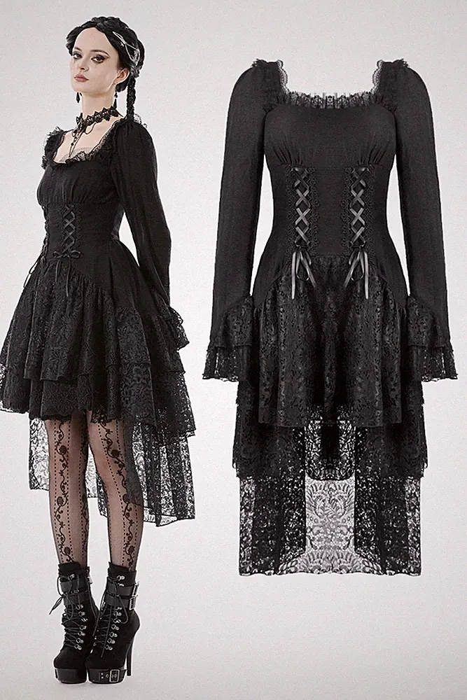 Dark In Love Women Black Romantic Gothic Lace High-Low Tiered Slim Fit Dress