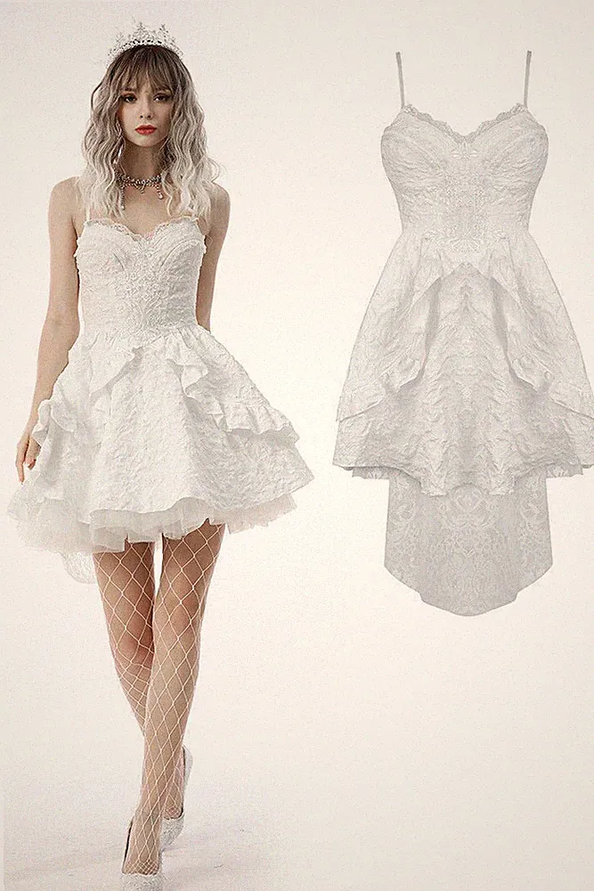 DARK IN LOVE Women White Gothic Gorgeous Bubble Jacquard High-Low Party Dress