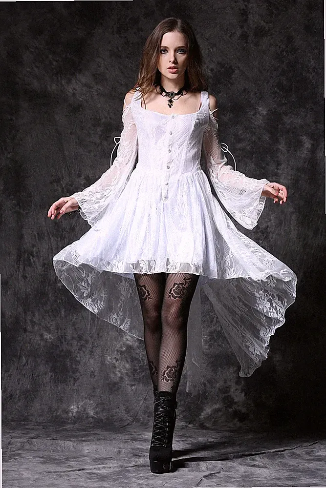 DARK IN LOVE Women White Off-The-Shoulder Long Sleeve High-Low Lace Gothic Dress