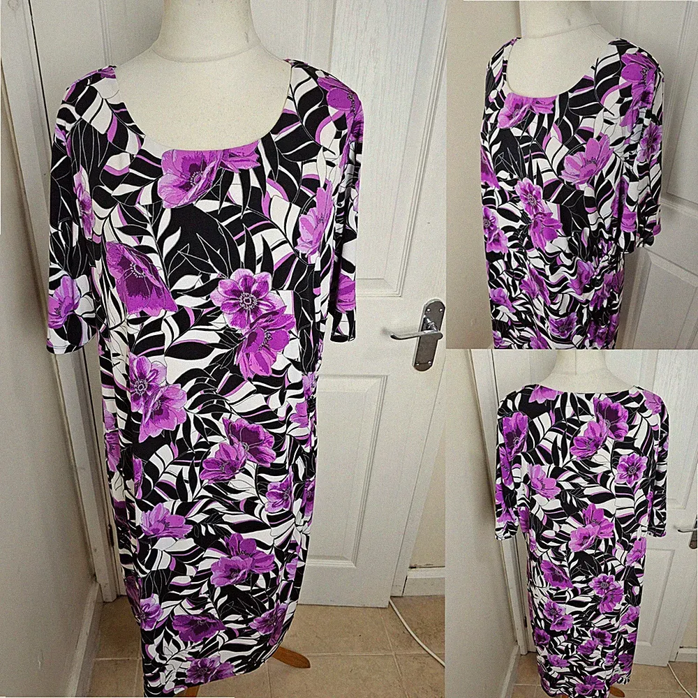 David Emanuel Midikleid lila Blumen Größe 22 Stretch Anlass Hochzeit Gast