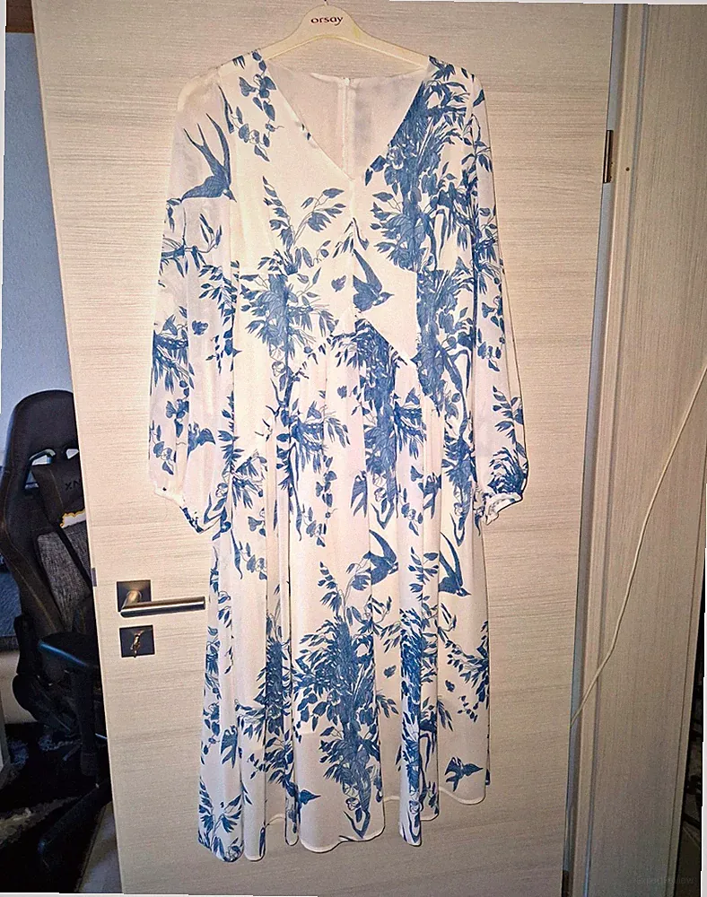 Dazy Damen Midi-Kleid Chiffon Blumen V-Ausschnitt Ballonärmel A-Linie L