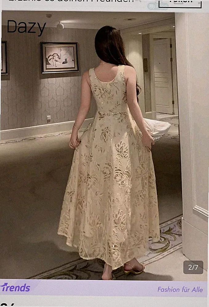 Dazy Midikleid M Beige/Gold A-Linie Netzstoff Pailletten Blumen V-Ausschnitt