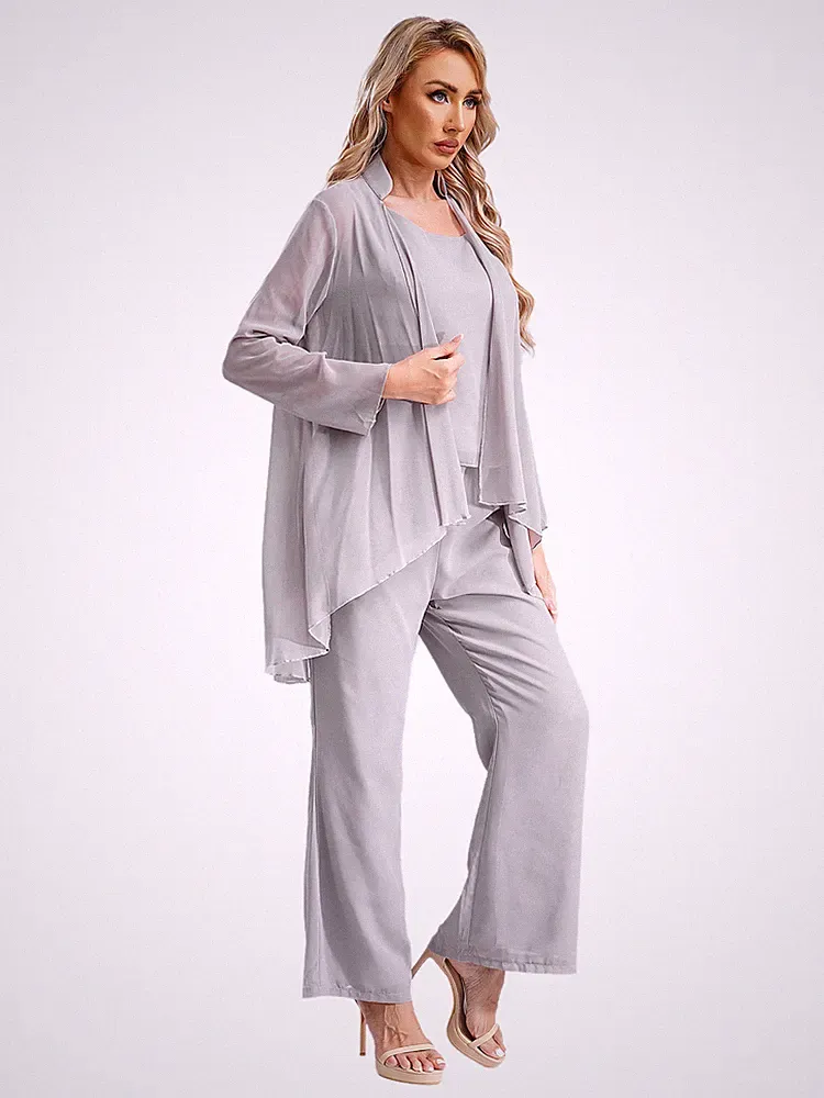 DE Damen Hose Anzüge 3 Stück Chiffon Outfit für Hochzeit Gast Abend Party Kleid