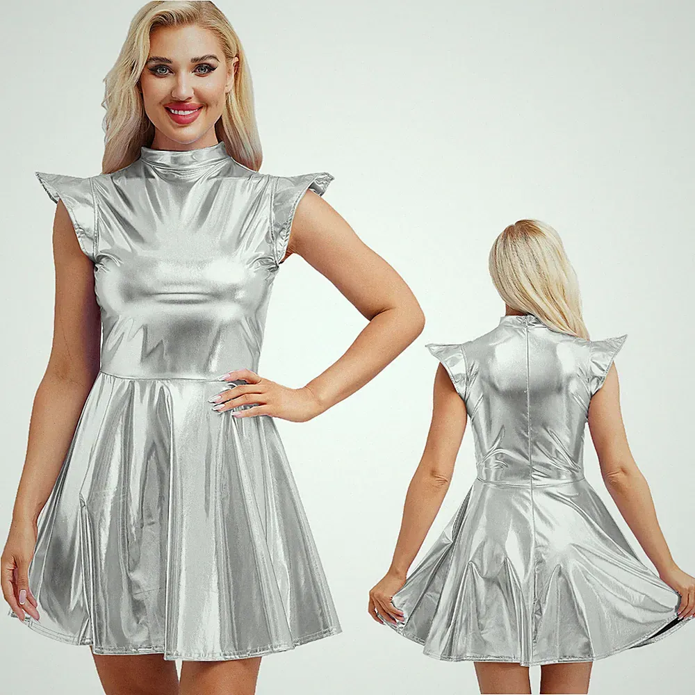 DE Damen Metallic Glänzend Party Minikleid Alien Cosplay Kostüm A-Linien Kleid