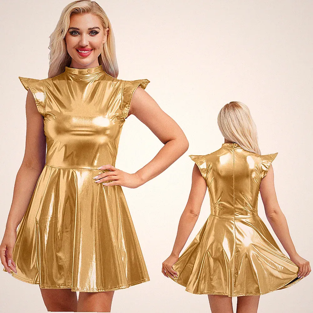 DE Damen Metallic Glänzend Party Minikleid Alien Cosplay Kostüm A-Linien Kleid