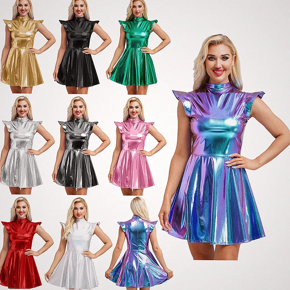 DE Damen Metallic Minikleid Holograpfisch Kostüm A-Linien Kleid Party Halloween
