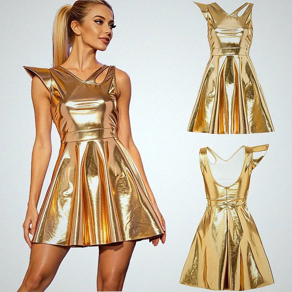 DE Damen Metallisch Disco Kleid Party A-Linien Mini Kleider Musikfestival Kostüm