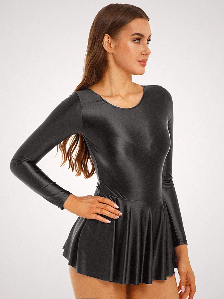 DE Damen Öl Glänzend Kleider Langarm Minikleid A-Linie Badeanzug Party Clubwear