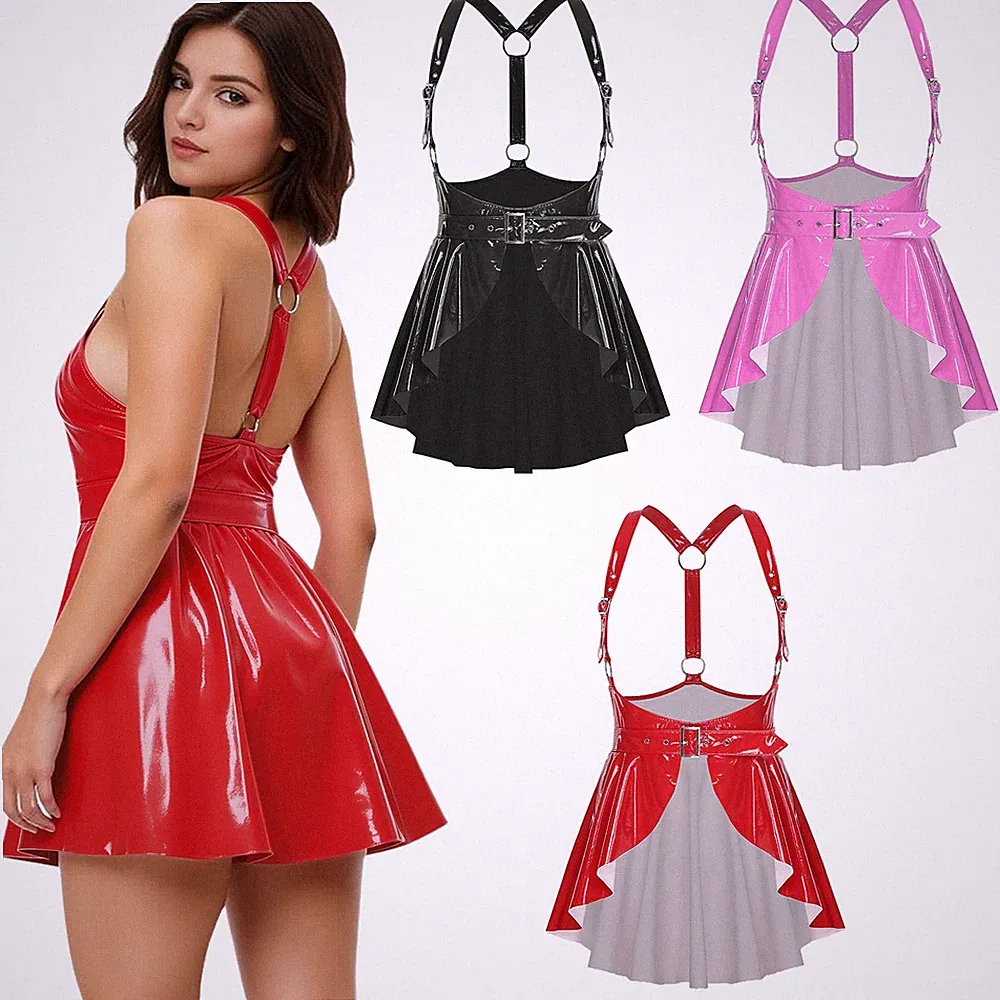 DE Damen Wetlook A-linie Minikleid Lack Leder Corsage Clubwear Nachtclub Party