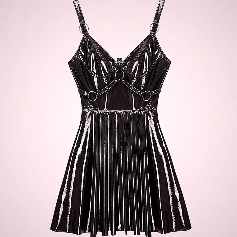 DE Damen Wetlook Minikleid A-Linie mit V-Ausschnitt Ärmellos Lackleder Clubwear