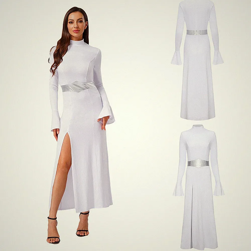 DE FEESHOW Damen Space Prinzessin Kostüm Halloween Seitenschlitz Maxikleid