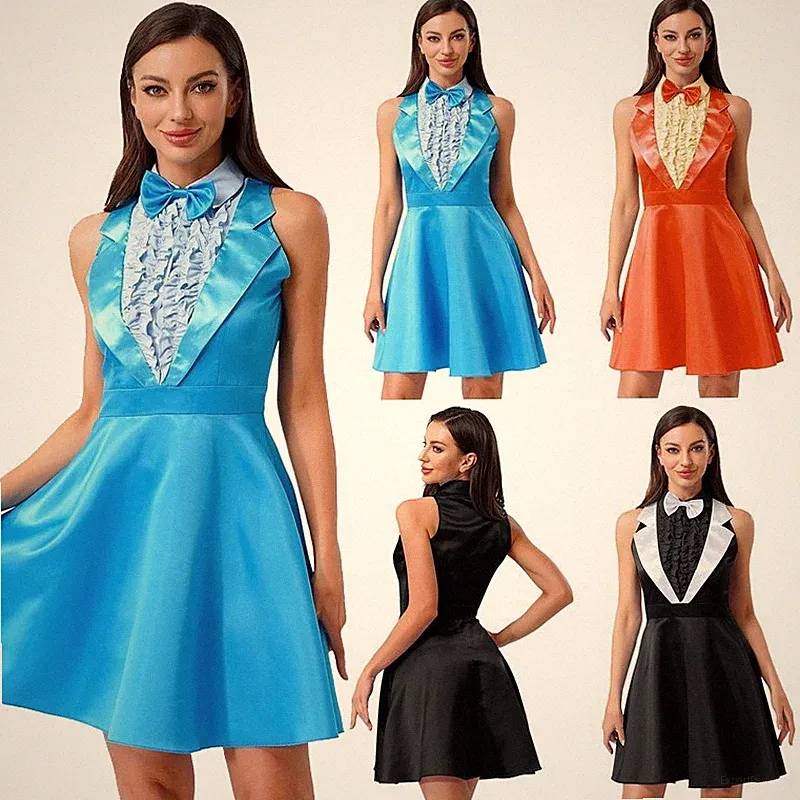 DE Frauen Halloween 80er Dumber Cosplay Kleid und Fliege Revers A-Linien Kleider