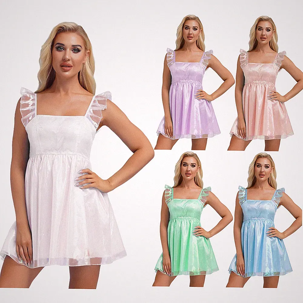 DE Frauen Partykleid Glitzer Minikleid Rüschen Ausgestelltes A-Linie Trägerkleid