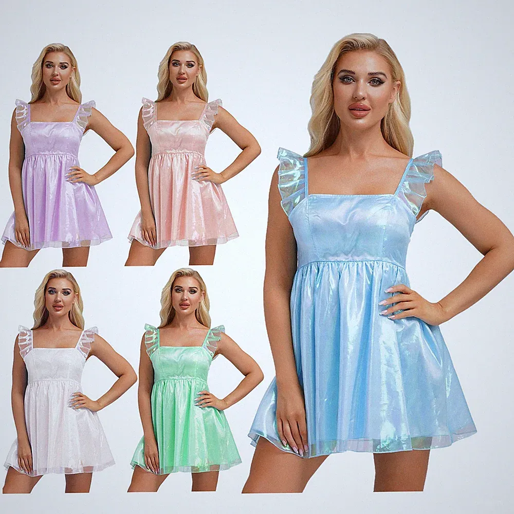 DE iEFiEL Damen Rüschenärmelige Puffige Mini Kleid-Glitzerndes A -Linie Party