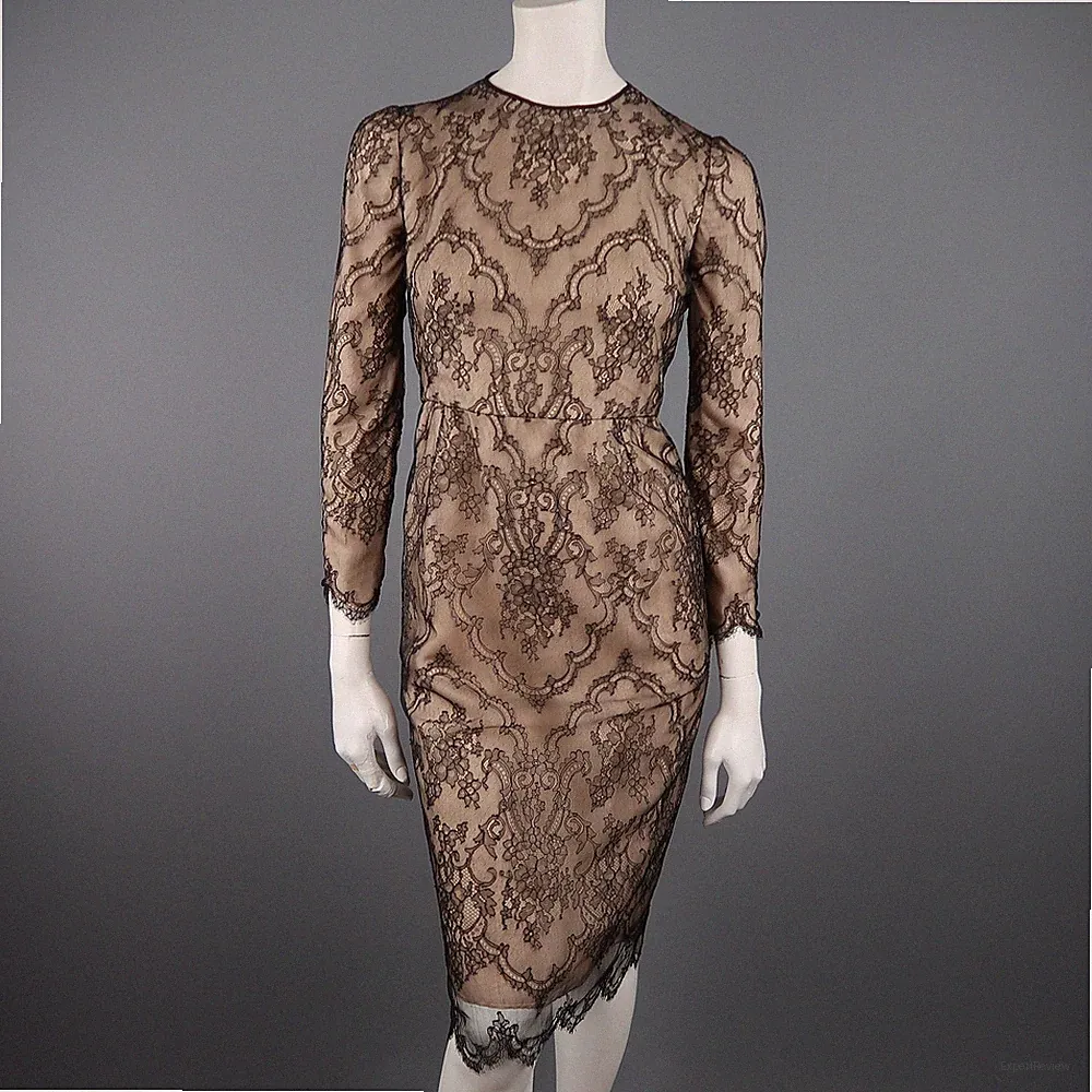 DENNIS BASSO Größe 4 Beige Schwarz Spitze Überzug Langärmlig Cocktailkleid
