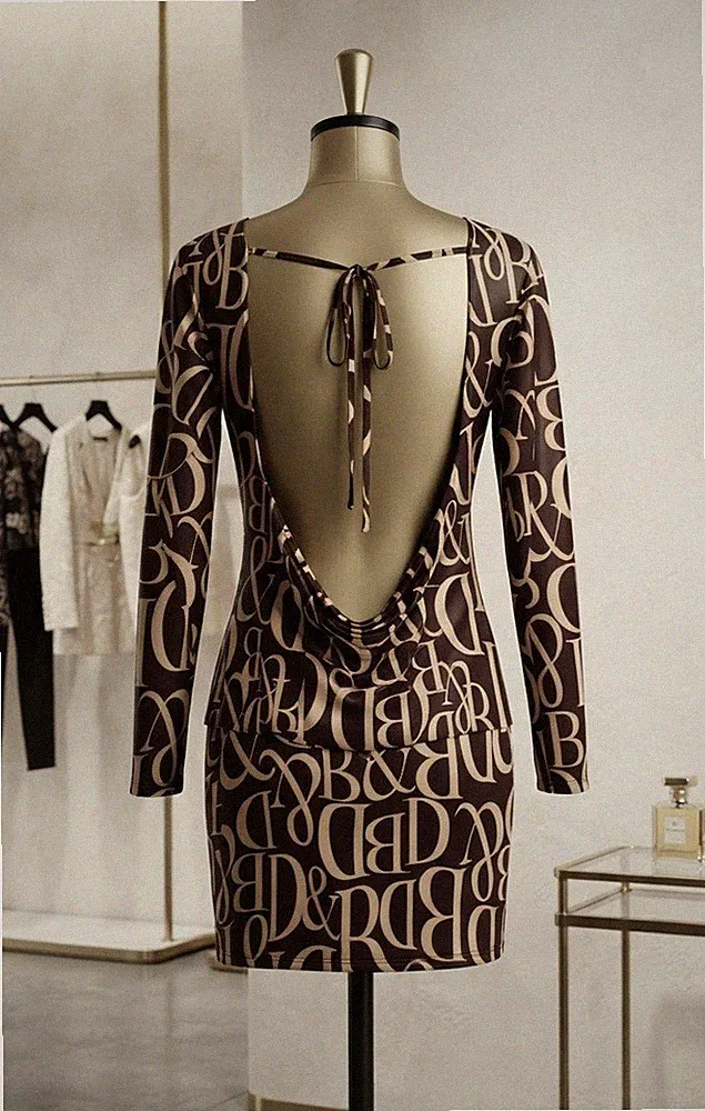 Designer Kleid In Gr. XS-S mit Offenen Rücken In Beige-Braun mit Logo