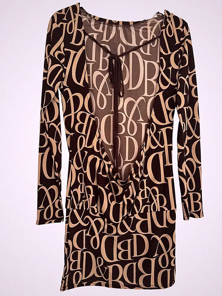 Designer Kleid In Gr. XS-S mit Offenen Rücken In Beige-Braun mit Logo