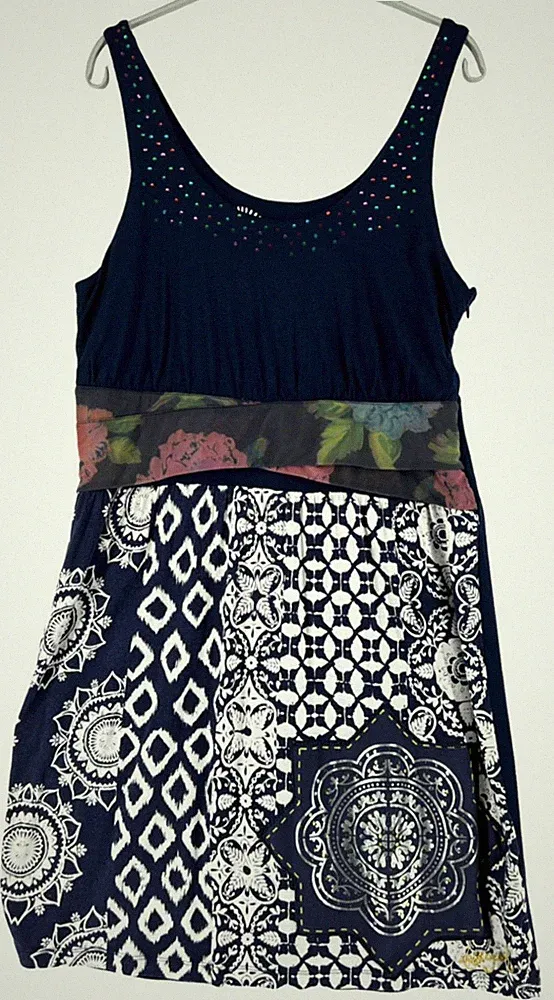 Desigual A-Linien Kleid Damen XL Multicolor Kniehöhe Rundhals