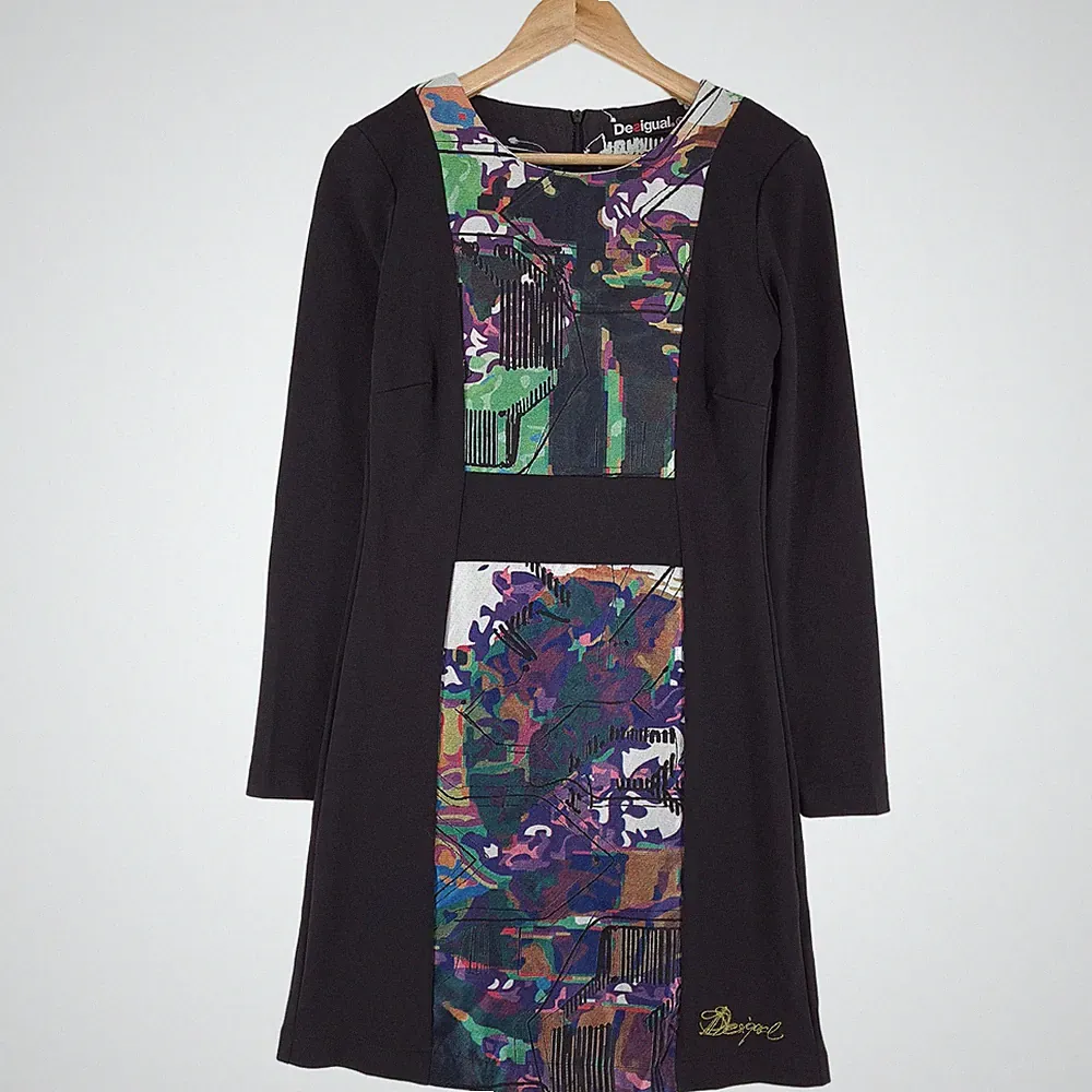 Desigual A-Linien Kleid Schwarz Abstrakt Grafikprint Langarm Größe 38