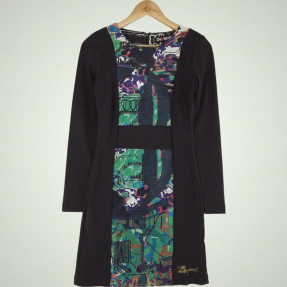 Desigual A-Linien Kleid Schwarz Abstrakter Grafikdruck Langarm Xc3 Größe 36