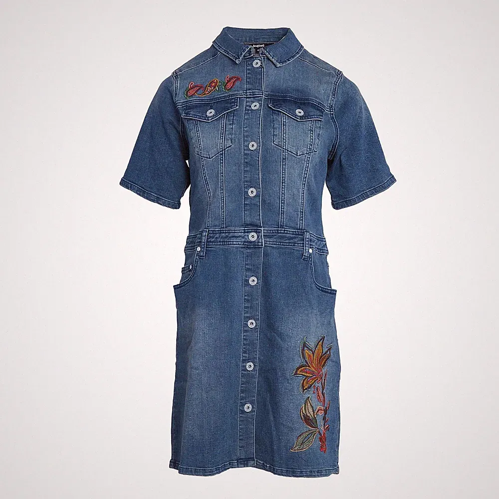Desigual Damen Kleid Blau Bestickt Denim Jeanskleid Gr. 42 21SWVD05