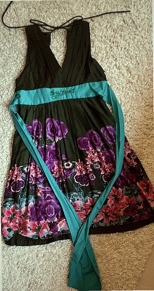 Desigual Damen Kleid Gr. M 100% Baumwolle grün türkis A-Linie V-Ausschnitt