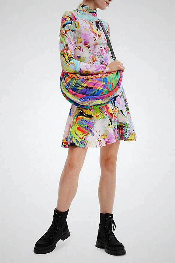 Desigual Damen Kleid Maria Escote Bosko Psychedelic Mini Neon Print 22WWVK85