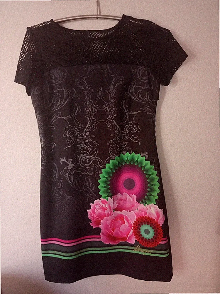 Desigual Damen-Kleid Schwarz-bunt Größe XL, Etuikleid mit seitl. Reißverschluss