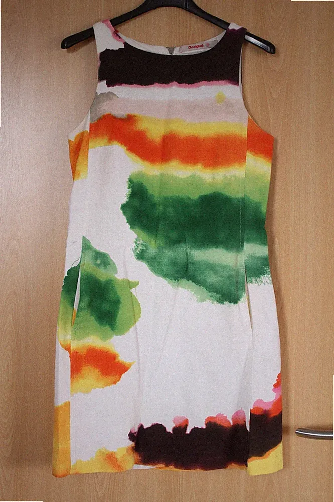 DESIGUAL Etui Kleid Sommer weiß-bunt Regenbogenfarben Größe 38 Leinen-Optik