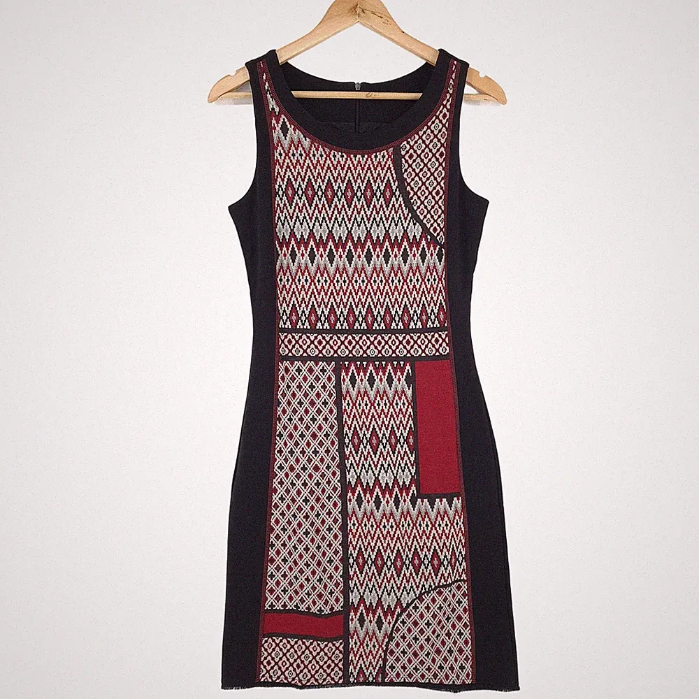 Desigual Etuikleid Schwarz Rot Geometrisch Patchwork Ärmellos Bu9 Größe XS