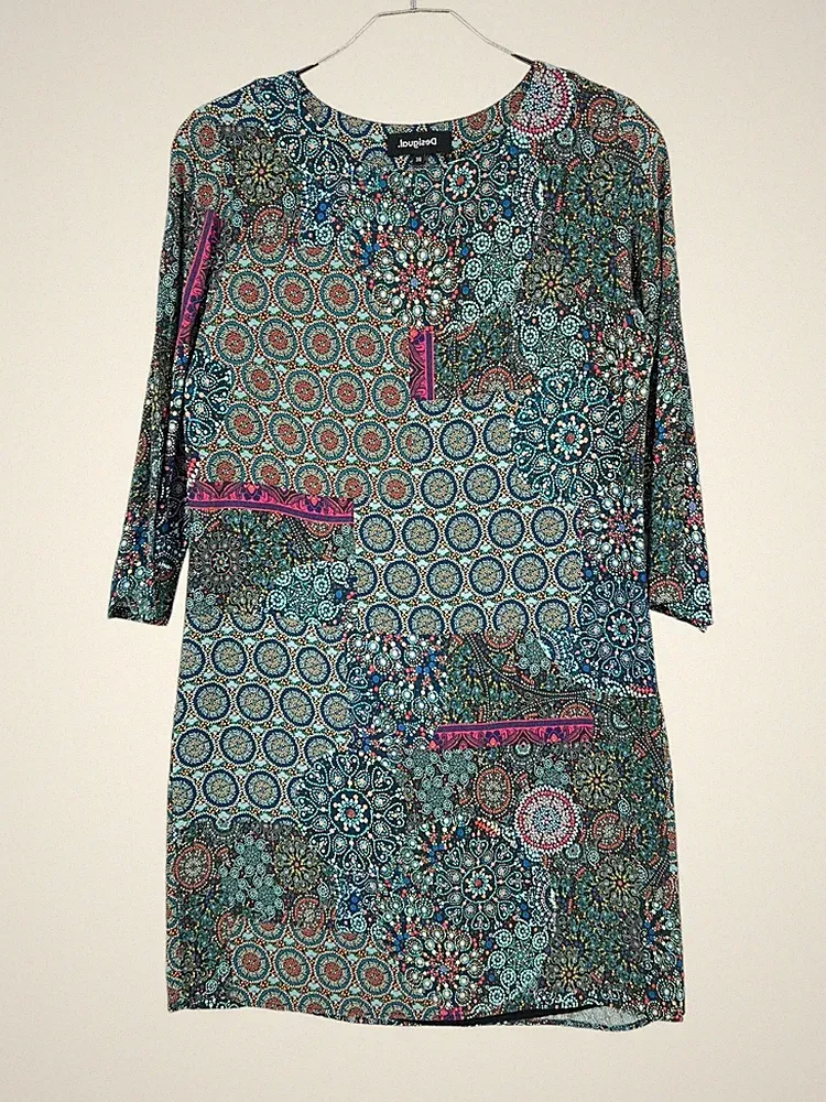 Desigual Florales A-Linien Kleid Rundhals Langarm Multicolor Mit Taschen