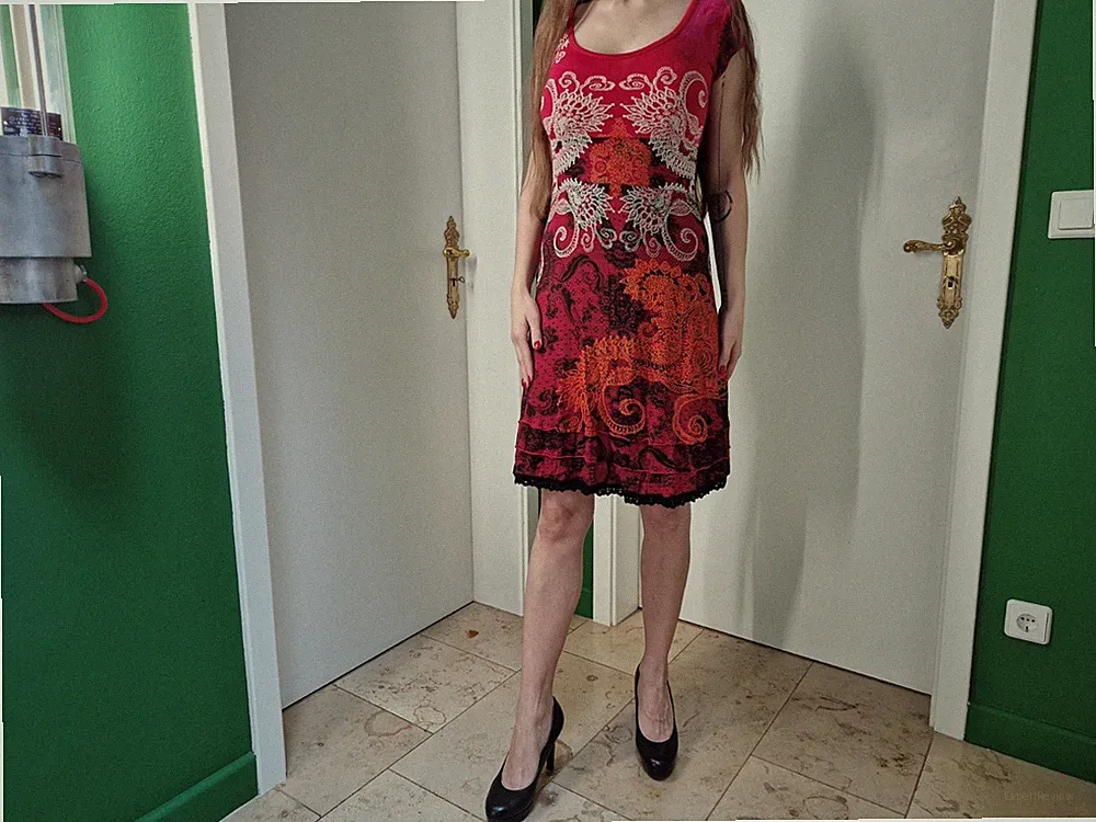 Desigual Ibiza Beach Club Damen Dress Shirtkleid A-Linie Rot Spitze bunt XS S M