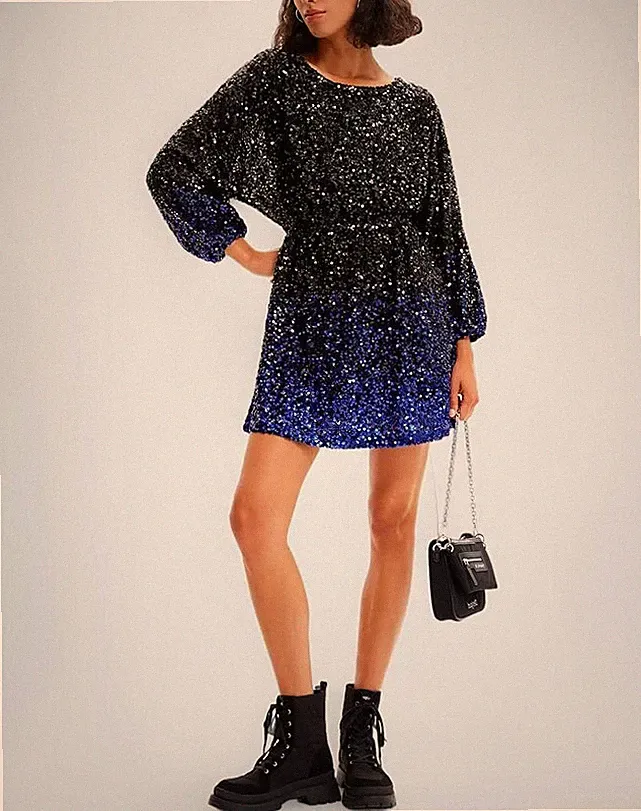 Desigual Kleid schwarz blau Pailletten Mini ombre Party Night Out Glitzer S 22WWVW64