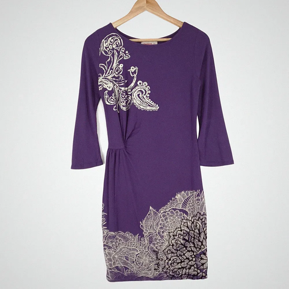 Desigual Lila Blumen Paisley Etuikleid 3/4 Ärmel Stretch GRÖSSE XS