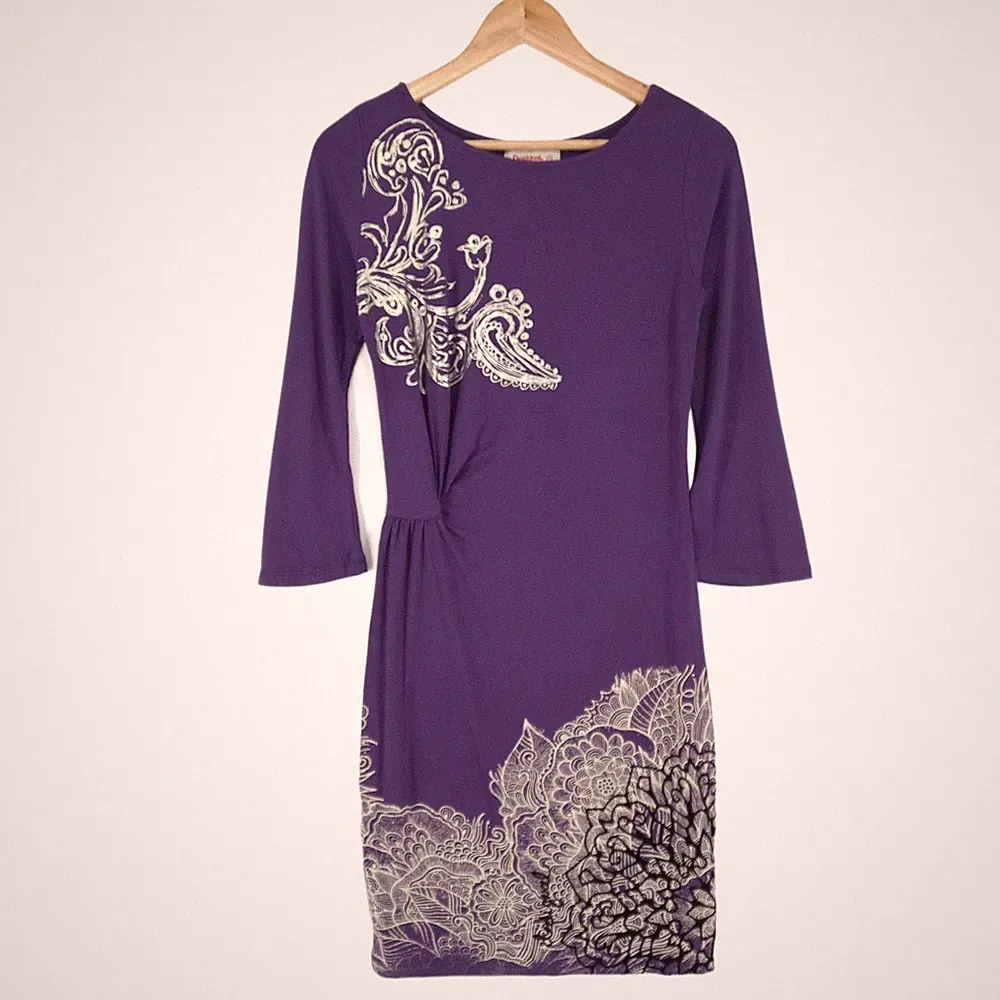 Desigual Lila Blumen Paisley Etuikleid 3/4 Ärmel Stretch Ly6 GRÖSSE XS