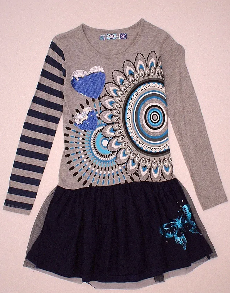 DESIGUAL Mädchen Grafik Langarm Drop Waist Kleid 9-10 Jahre grau Blumen BR10