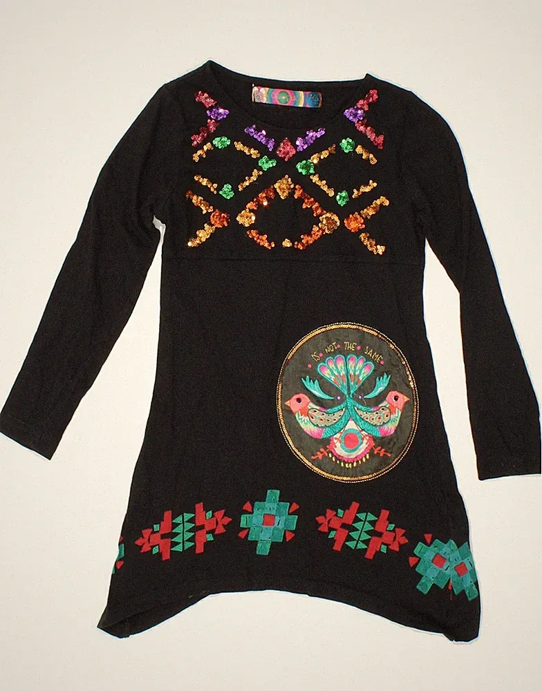 DESIGUAL Mädchen Grafik Langarm Tunika Kleid 7-8 Jahre Schwarz Geometrisch AQ13