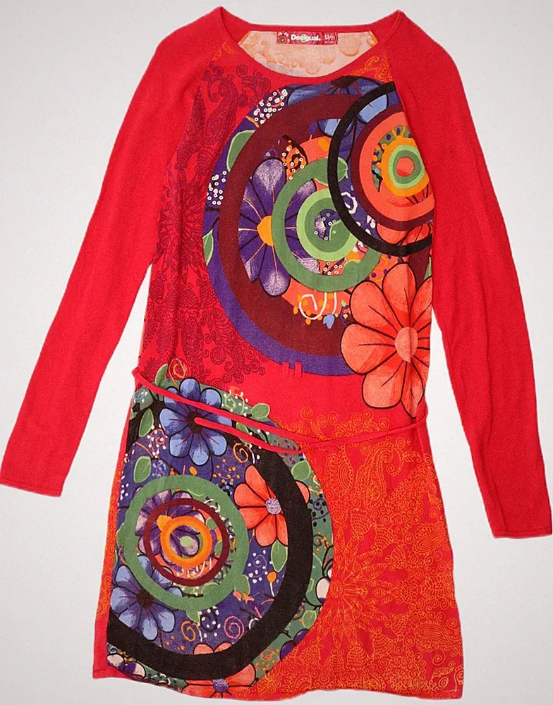 Desigual Mädchen grafisches Langarm A-Linien Kleid 13-14 Jahre rot geblümt BA03