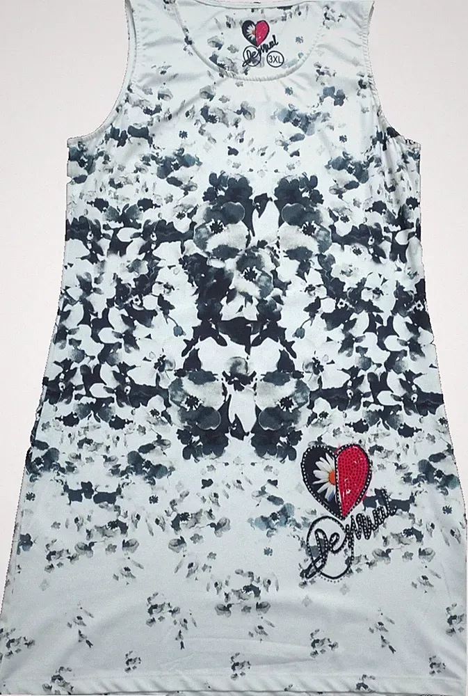 Desigual Tunika-Kleid weiß schwarz Blumen L knielang Kristall Logo ärmellos UK