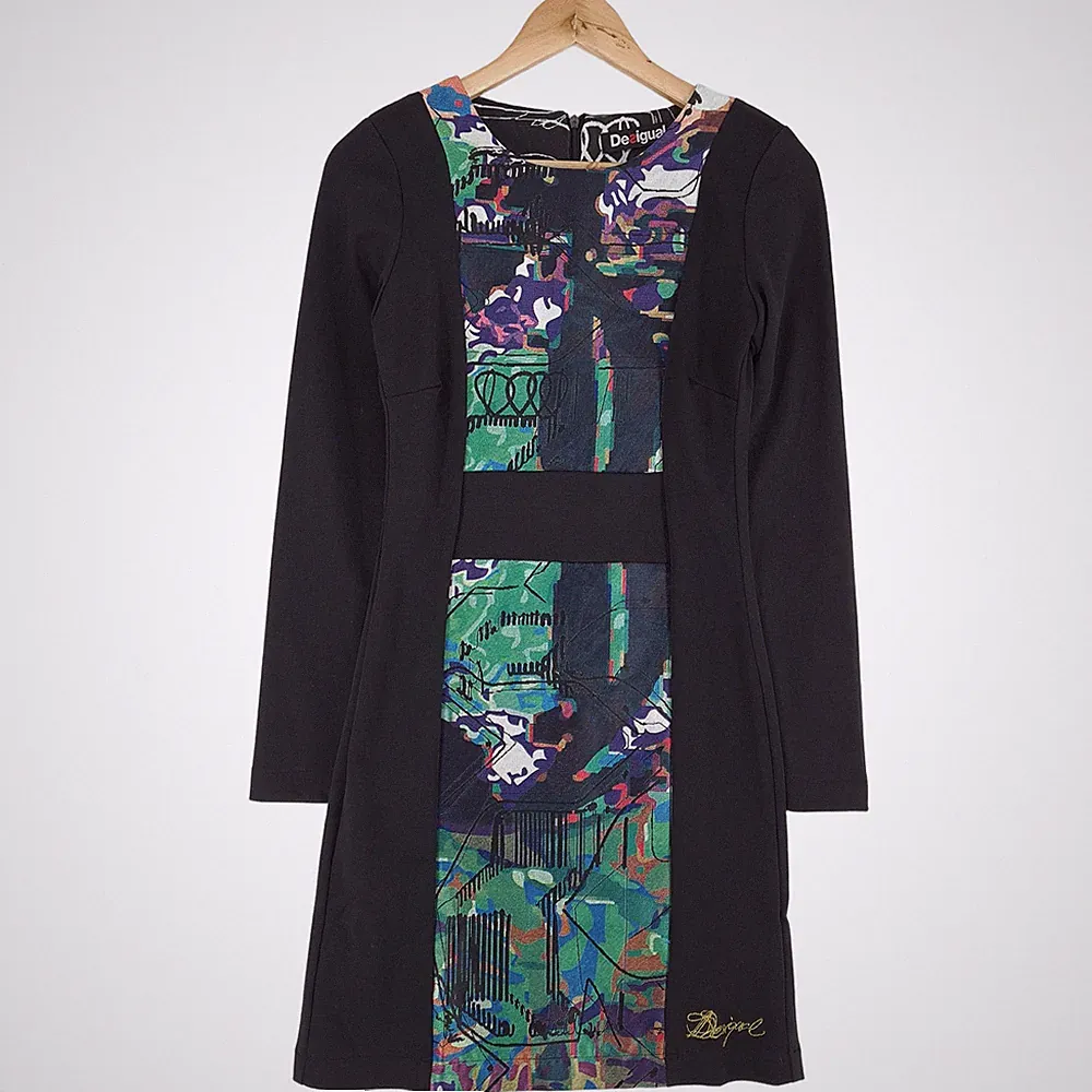 Desigual Vintage A-Linien-Kleid Schwarz Abstrakt Grafik Ul3 Größe 36