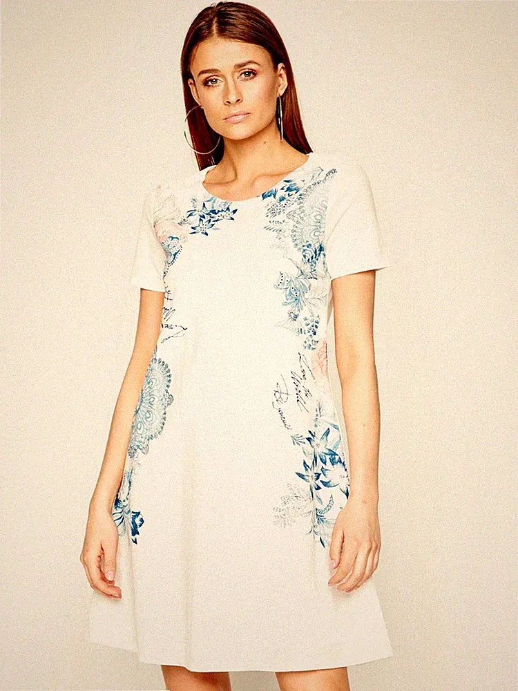 Desigual weißes geblümtes A-Linien Kleid "Charlotte" kurze Ärmel, Größe L