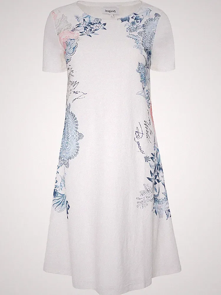 Desigual weißes geblümtes A-Linien Kleid "Charlotte" kurze Ärmel, Größe L