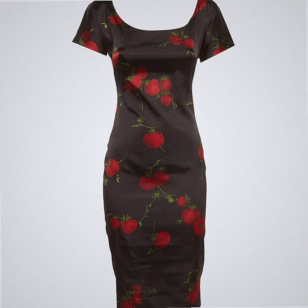 DG schwarzes Satin-Etuikleid mit Früchten-Print M