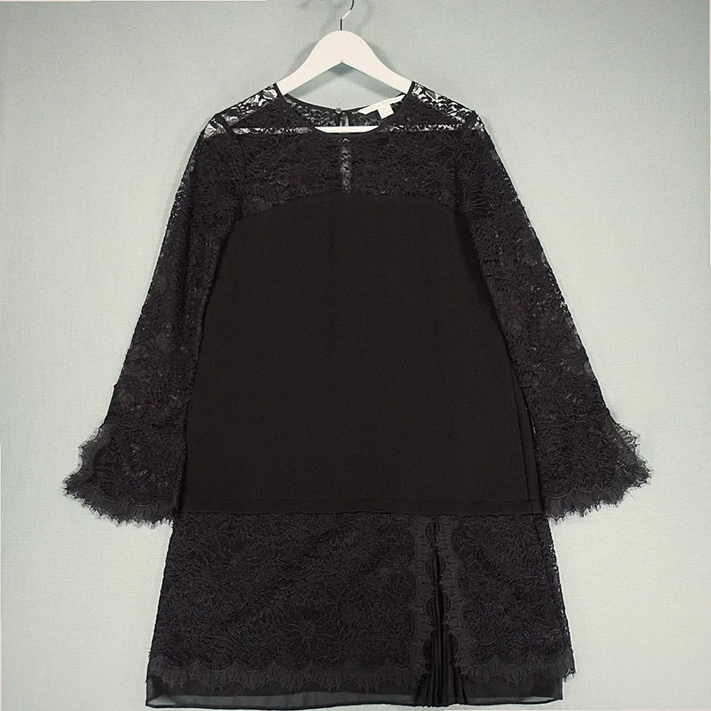 Diane von Furstenburg Kleid Damen 8 schwarz Spitze Blumen DVF Langarm Plissee