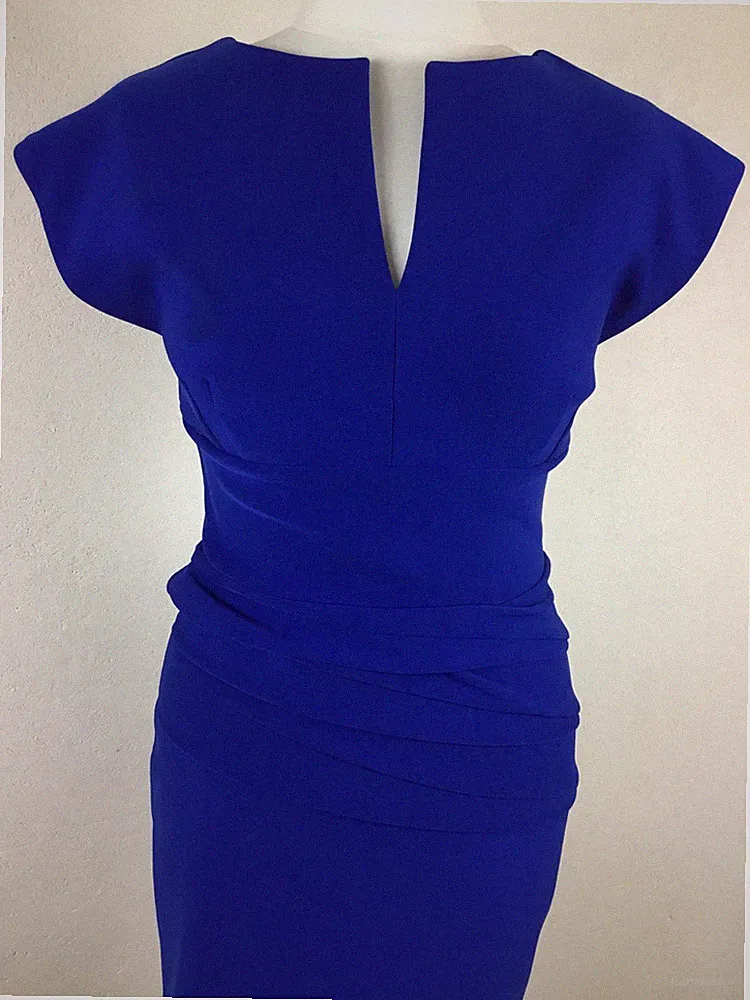 DIVA;Kurzarmel V-Ausschnitt Farbblock Midikleid Regalblau Falten Kleid Gr.S/M