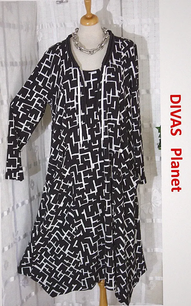 DIVAS PLANET Designer KLEID schwarz offweiß Gr. 1 46 48 50 Zipfel A Linie Label