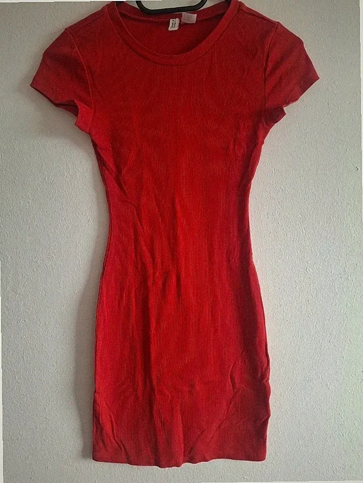 Divided by H&M Damen Etui-Kleid Rot XXS Rundhals Kurzarm Rippstrick kurz