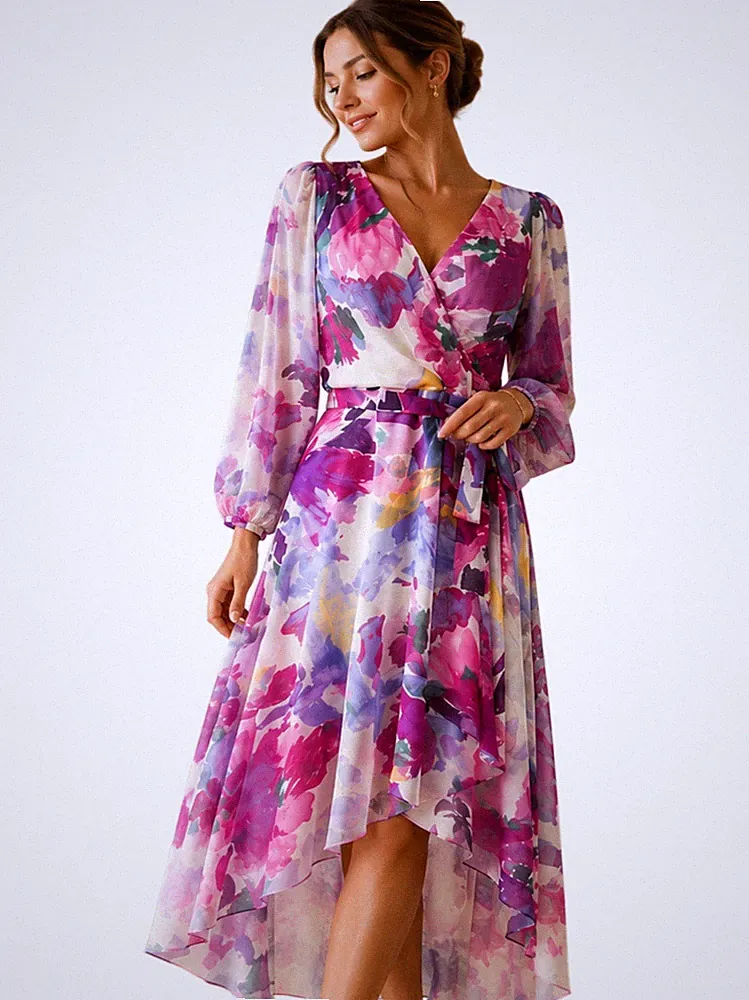 DKNY Floral Mock Wrap Midi Dress Wedding Guest Party Races UK 22 US 18