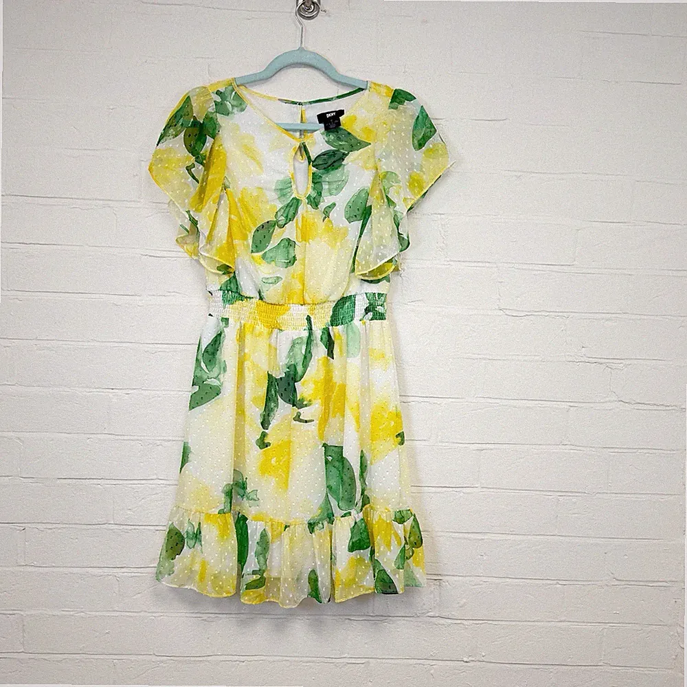 DKNY Sommerkleid UK 10 Zitronenmuster Chiffon weiß gelb fließend Hochzeitsgast